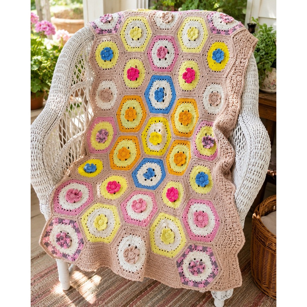 Handmade Crochet Baby Blanket Flower Garden Hexagon Afghan 33x54